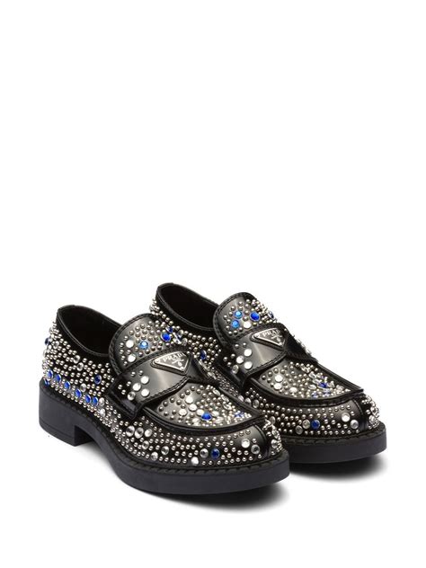 prada rhinestone loafers|Brushed Leather Loafers With Studs And Rhinestones .